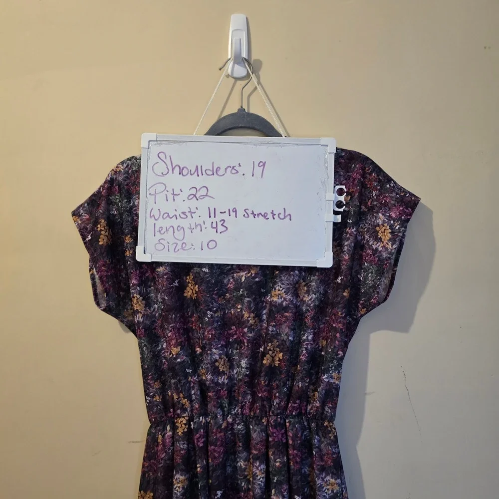Anthony Richards Vintage Floral Midi Dress Purple Elastic Waist Made in USA 10